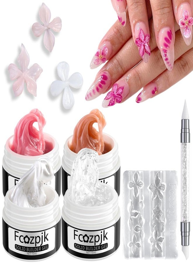 Fcozpjk Hard Gel for Nails, 4 Colors Solid Builder Gel Kit with Silicone Carving Mold Clear Pearly White Brown Nude Pink 3D Sculpting Gels Flower Charms DIY Modeling Design Nail Salon Supplies - Image 1